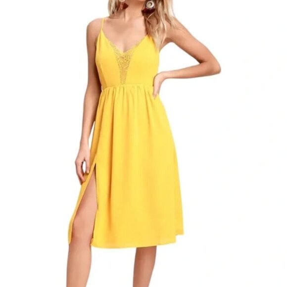 Lulus "NEW" Melena Mustard Yellow Lace Backless Side Slit Midi Dress Size L - Picture 1 of 11